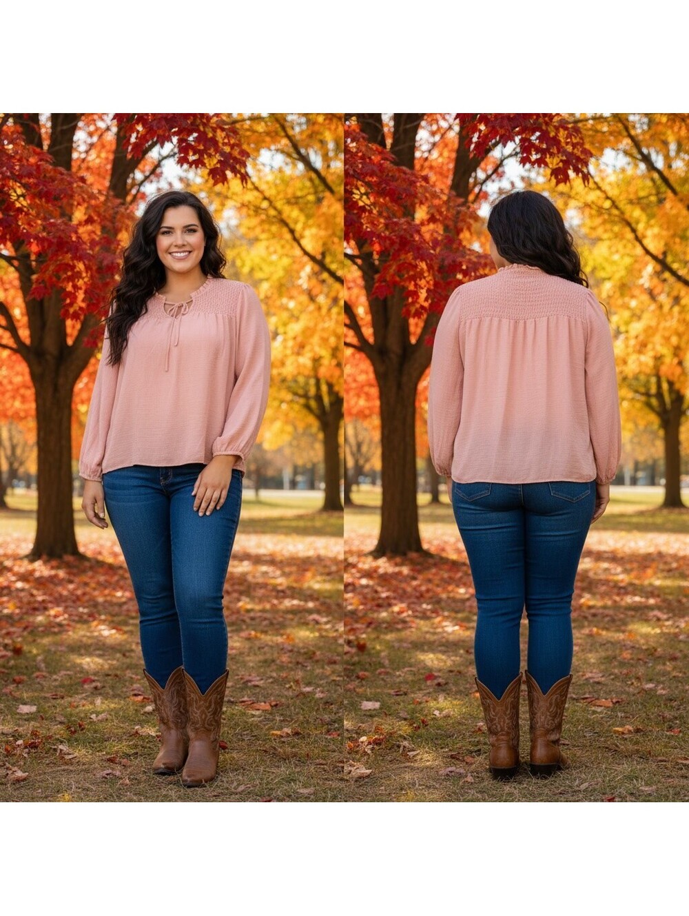1848 - Como Vintage 3X Pink Long Sleeve Smocked Blouse